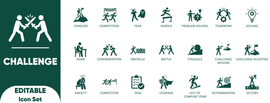 Challenge icon set. conquering, contest, courage, daring, determination, difficulty, editable, exam, and solid icons. 