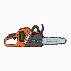 Naklejka premium An orange and black cordless chainsaw with a silver bar, ready for use.