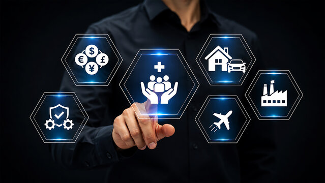 Digital Insurance Protection Concept with Healthcare Financial Travel Property and Industrial Coverage Interface