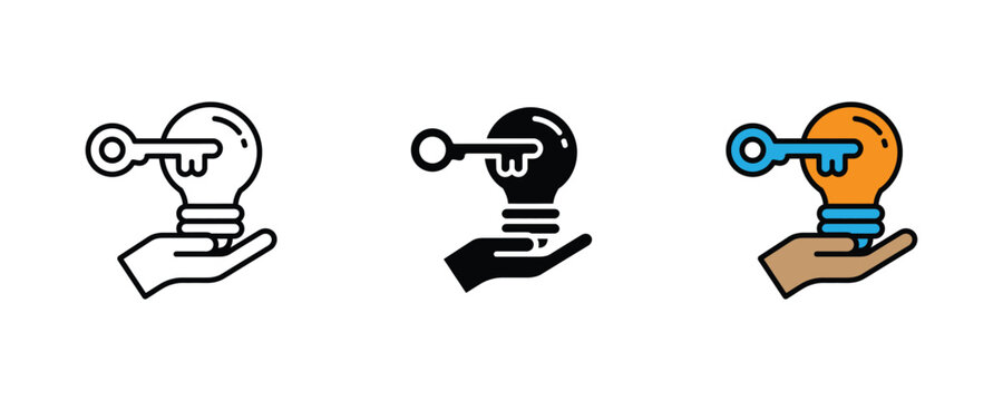 Han holing luminous bulb with unlock ky icon st. Innovative solution logic, bright thinking brain storming, an success reaching symbol. Vector Illustration