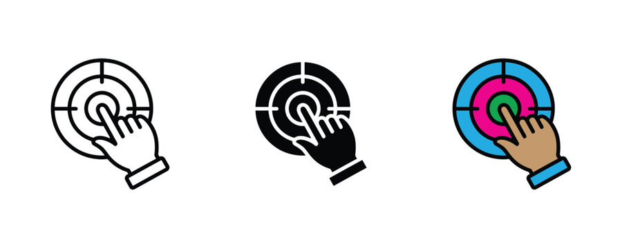 Han clicking on targ goal center icon st. Successful aiming strategy, business optimization focus, an achivmnt reaching symbol. Vector Illustration
