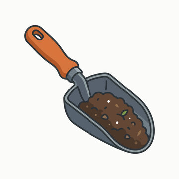 A cartoon illustration of a trowel filled with soil, featuring an orange handle and a gray metal scoop. Isolated on a white background.