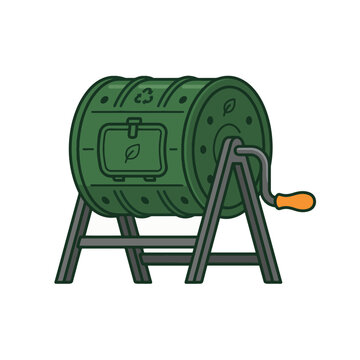 A green, rotating compost bin on a dark gray stand, featuring a crank and a recycling symbol, ready for garden waste.