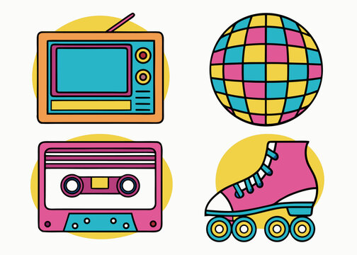 A collection of four eighties themed stickers featuring an orange vintage television a colorful disco ball a pink cassette tape and a roller skate.