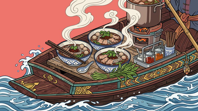 Traditional Thai boat converted into a floating kitchen steaming hot bowls of noodle soup with aromatic broth for hungry market visitors
