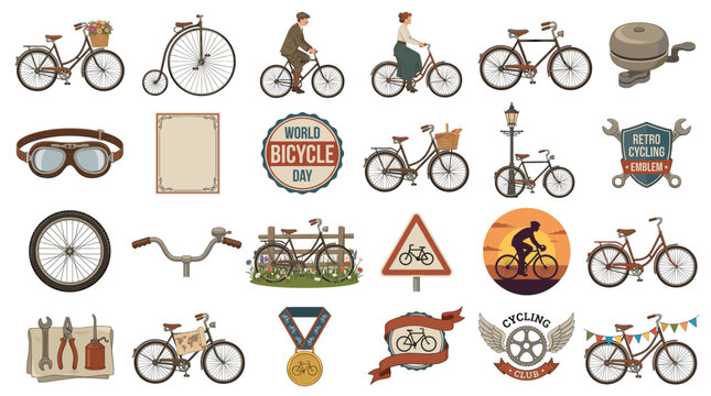 Vintage cycling vector collection with classic bicycles, bike badges, glasses, route signs, saddle, wheel, camping pot and retro ride emblems