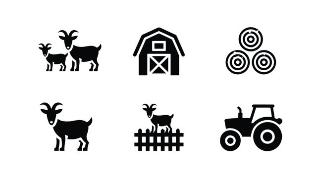 Goat Farm Icons Set With Barn Tractor And Hay Bales