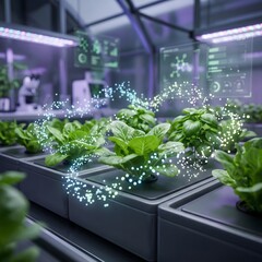 Fototapeta premium Hydroponic plants thrive in a high-tech laboratory environment under purple LED grow lights.