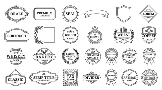 Black and white vintage label vector set with premium seals, bakery badges, whiskey stamps, coffee emblems, ornate frames and classic logo elements