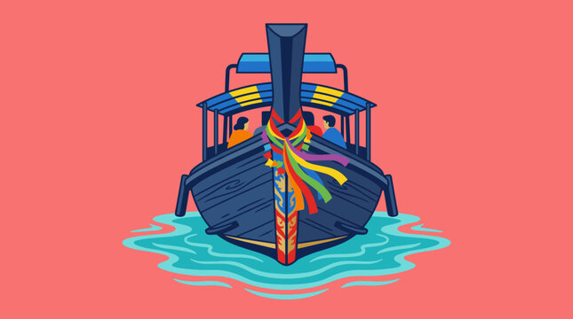 Front view of a colorful traditional Thai boat prow adorned with sacred flower garlands and vibrant fabrics for safe travel on the water