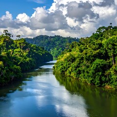 Obraz premium Serene river flowing through lush forest.