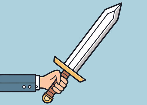 A professional arm in a blue suit sleeve holds a long silver sword with a brown handle and gold pommel diagonally across a solid blue background.