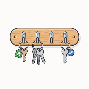 Wooden key rack with four hooks holding various keys, including one with a green house keychain and another with a blue Keys tag.