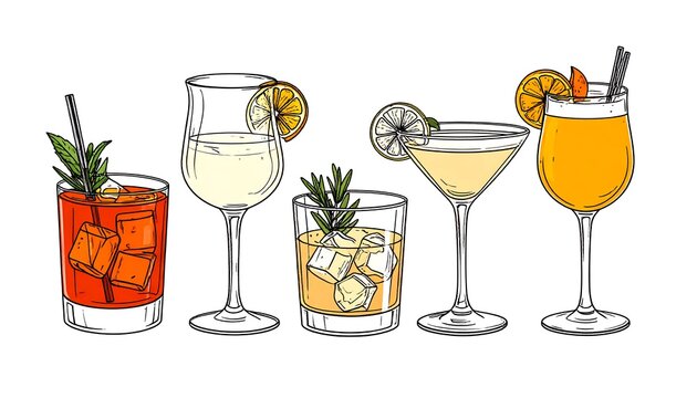 A set of five illustrated cocktails, each with a different garnish and glass