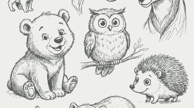 Cute cartoon forest animals illustration with bear owl and hedgehog in pencil drawing style on white background
