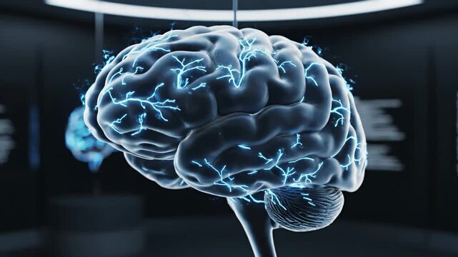 Glowing blue brains with electric pulses in dark futuristic laboratory with neon lights