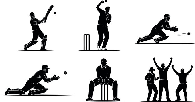 Vector illustration of cricket ball player batting, pitching, catching, and celebrating in flat style