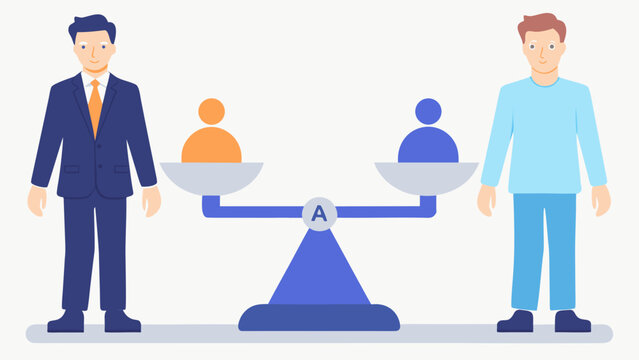 Two businessmen standing on either side of a balance scale with people on each side symbolizing equality and fairness in business and life
