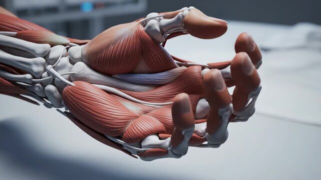 Anatomical human hand model with muscles and skeleton exposed in a medical setting demonstrating finger movements