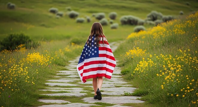 Patriotic young girl walking on a stone path in a field of flowers