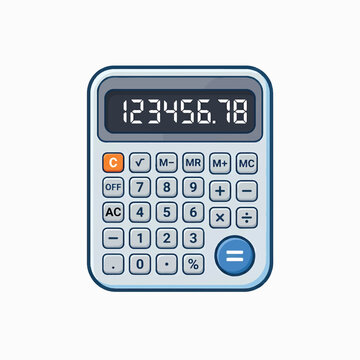 A digital calculator with a gray body, white keys, and a screen displaying 123456.78.