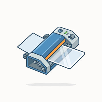 A cartoon illustration of a laminating machine with paper feeding through it. It has a blue body and silver accents.