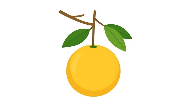 A single orange fruit hanging from a brown branch with green leaves against a plain white background. The image is a simple cartoon-like illustration