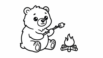 Fototapeta premium Cartoon bear sitting by campfire.