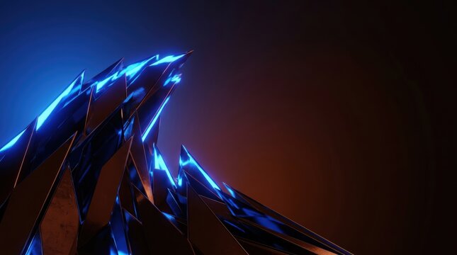 Futuristic abstract crystal shards with glowing blue neon edges, sharp metallic geometric spikes on dark background, cinematic sci-fi crystal formation, 3d render for gaming and tech posters.