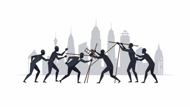 Silhouette of people pulling rope.