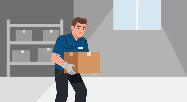 Warehouse worker carries box: Loading, logistics, delivery, shipping concept