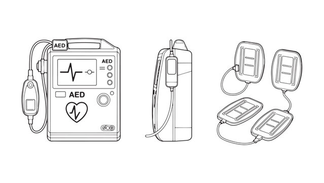 Automated external defibrillator device with electrode pads isolated on black background