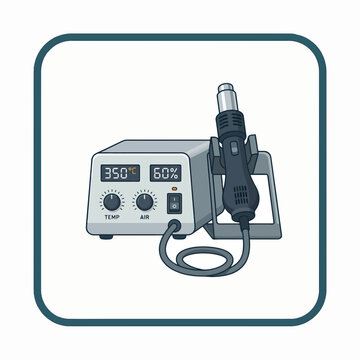 Illustration of a hot air rework station with a digital display showing temperature and airflow, and a heat gun resting in its holder.