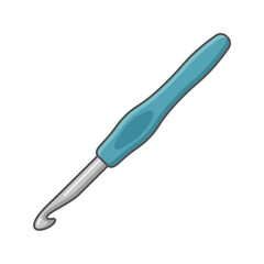 Fototapeta premium A cartoon illustration of a teal-handled crochet hook against a white background. The hook is silver with a curved tip.