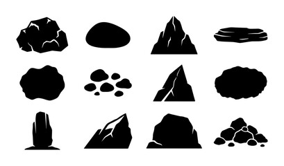 Collection of 12 Black Silhouette Rock and Stone Icons, Vector Graphics for Geology and Nature Design Elements © Arefin