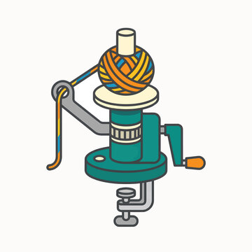 A teal yarn winder with a ball of colorful yarn and a crank to wind it. It clamps to a surface.