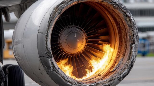 Close-up of a commercial airplane engine on fire with visible damage and flames on the runway.