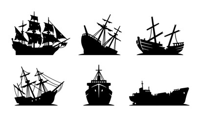 Nautical Silhouette Collection: Vintage Sailing Ships, Wrecked Vessels, and Modern Cargo Ship Icons for Maritime Design © Arefin