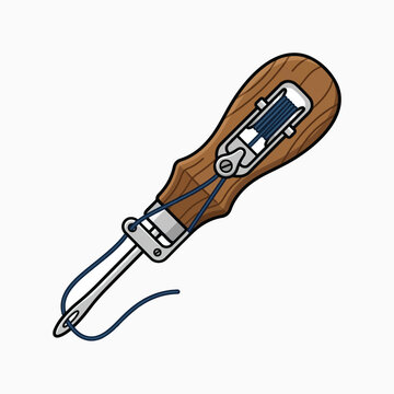 A sewing awl with a wooden handle and a metal needle, ready for stitching.