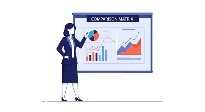 Businesswoman near comparison matrix presentation board with charts and graphs.