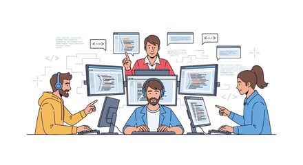 Fototapeta premium Team of coders collaborating at computers, digital communication, coding team