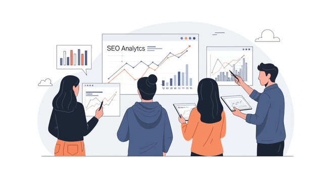 Colleagues analyzing seo analytics charts and graphs on whiteboard