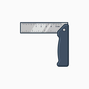 A metal carpenter's square with a dark blue handle, isolated on a white background. It has inch and centimeter markings.