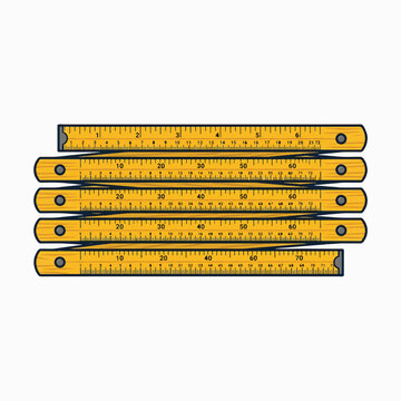 A yellow folding ruler with black markings and silver rivets, laid out flat and slightly overlapped.