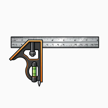 A graphic illustration of a combination square with a metal ruler, adjustable head, and a bubble level for precise measurements and marking.