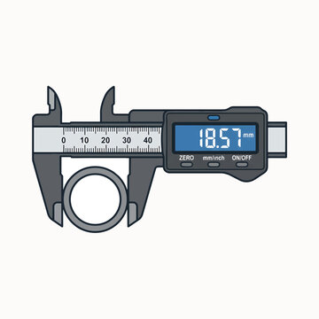 Digital caliper measuring the outer diameter of a ring, displaying 18.57mm. A precision tool for accurate dimensional measurements in engineering.