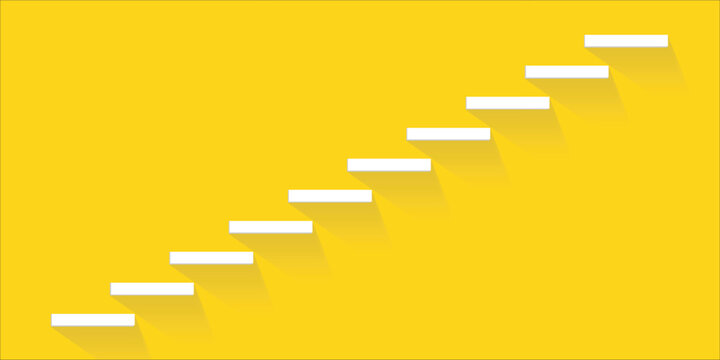 Minimalist illustration of white ascending steps with long shadows on a vibrant yellow background, symbolizing progress, growth, and a path to success.