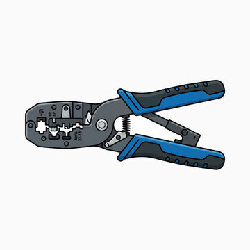A vector illustration of a network cable crimping tool with blue ergonomic handles and a silver body, featuring different crimp dies.