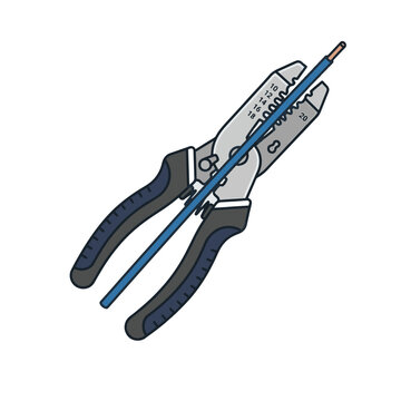 An illustration of wire strippers holding a blue electrical wire, with the end already stripped to expose the copper conductor.