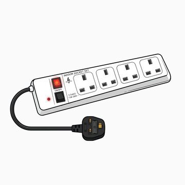 A white 4-gang indoor power strip with UK sockets, a red on/off switch, and a black 3-pin plug, featuring INDOOR SOCKET SET text.